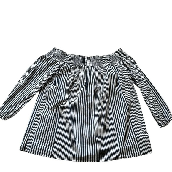 Melloday Women's Large Blue and White Striped Off the Shoulder Blouse - Picture 3 of 7